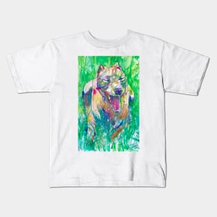 PIT BULL YAWNING IN THE GARDEN - watercolor portrait Kids T-Shirt